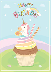 Illustration vector of unicorn cupcakes on cute concept design in fairy background for happy birthday card.