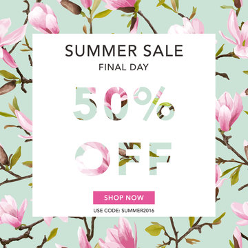 Summer Sale Banner. Sale Background. Floral Background. Magnolia Summer Background