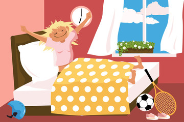 Obraz na płótnie Canvas Cartoon woman waking up in her bed early in the morning, sport equipment lying around, EPS 8 vector illustration, no transparencies