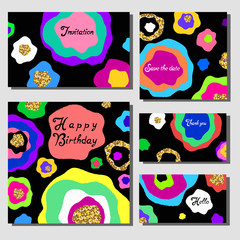 Vector illustration set of artistic colorful universal cards. Wedding, anniversary, birthday, holiday, party. Design for poster, card, invitation. With golden glitter texture.