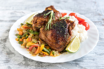 Marinated chicken meat and vegetables