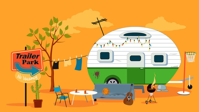 Trailer park scene with a caravan trailer, EPS 8 vector illustration, no transparencies