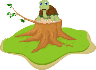 cute turtle cartoon on tree stump