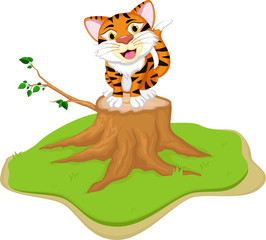 funny cartoon tiger on tree stump