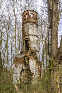Im Wald verfällt die Ruine einer alten Kirche
