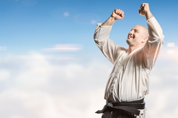 Composite image of fighter posing after victory