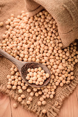 closeup is some soybeans in wooden spoon on sack background