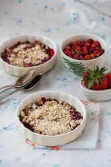Rhubarb, strawberry and cherry crumble