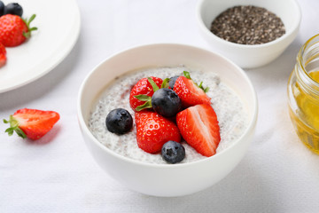 chia seeds pudding  with strawberry and blueberry