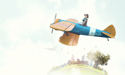 Girl flying old plane . Mixed media