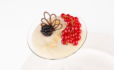 Vanilla panna cotta dessert with red currants and blackberries on a white background, close up