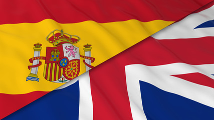 Obraz premium Flags of Spain and the United Kingdom - Split Spanish Flag and British Flag 3D Illustration