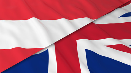 Fototapeta na wymiar Flags of Austria and the United Kingdom - Split Austrian Flag and British Flag 3D Illustration