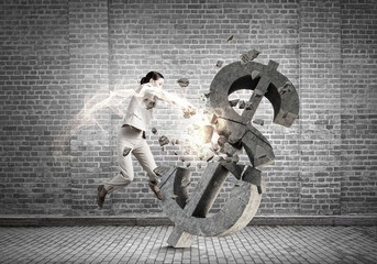 Woman attacking dollar symbol . Mixed media © Sergey Nivens