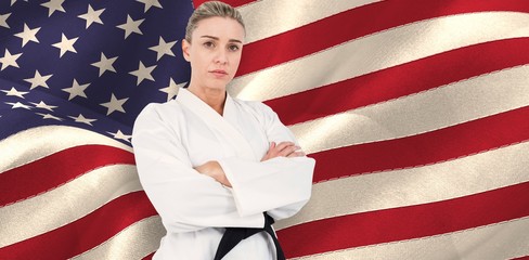 Composite image of female athlete posing in kimono