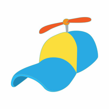 Yellow and blue propeller cap icon, cartoon style