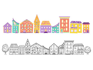 Two row of houses, color and monochrome, set of doodle hand-drawn houses, EPS 8