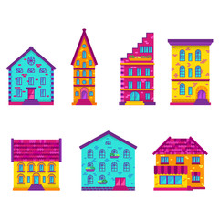 Set of color flat houses, bright flat builings, isolated, EPS 10