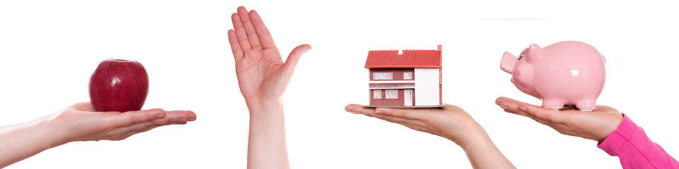 Hände im Panorama mit Apfel, Haus und Sparschwein