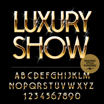 Vector set of alphabet letters, numbers and punctuation symbols. Gold emblem with text Luxury show