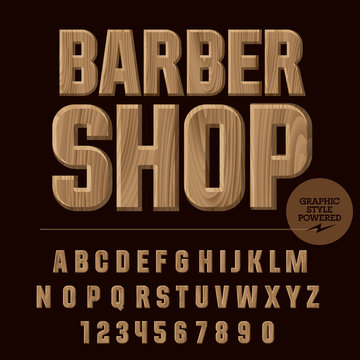 Vector set of alphabet letters, numbers and punctuation symbols. Wood emblem with text Barber shop