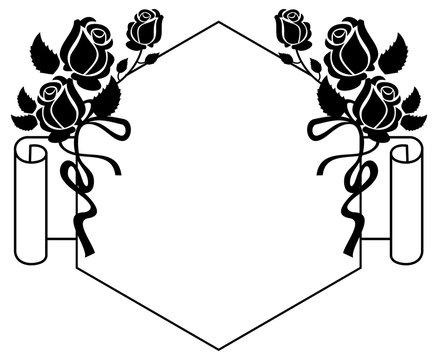 Black and white frame with roses silhouettes. Vector clip art.