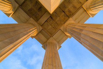 Symmetrical Ceiling at Top Corner of Lincoln Memorial Roof during early morning DC Sunrise. The...
