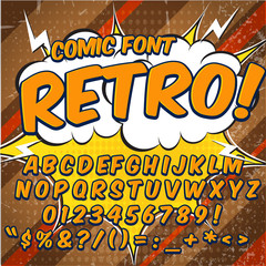 Creative high detail comic font. Alphabet in the retro style of comics, pop art. Letters and figures for decoration