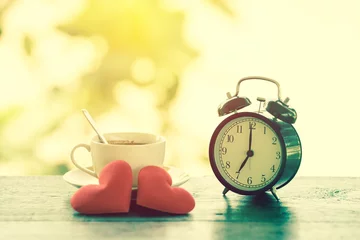 Fotobehang Morning coffee and alarm clock in vintage filter © pushish images