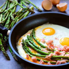 Fried eggs with asparagus and ham on a dark stone board
