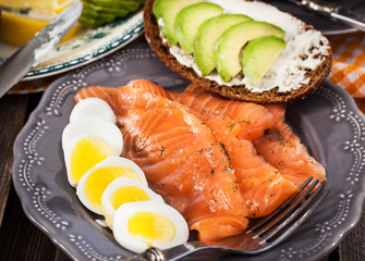 Breakfast with salmon, eggs, avocado, bread, cheese and coffee
