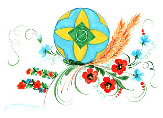 The Ukrainian decorative list.Composition flower on a towel with a ball on a white background.