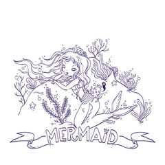 Vector Illustration of a Mermaid and Octopus King Under the Sea for Coloring, Doodle Cartoon Character 