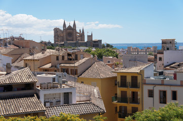 Cityscape, buildings, sea, Cathedral de Mallorca of Palma de Mallorca, Spain