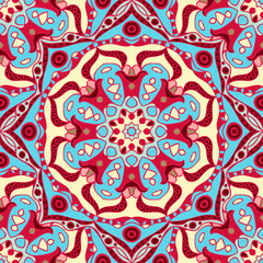Decorative seamless pattern with mandalas in beautiful colors. Vector background. Can be used for wrapping paper, scrapbooking, print, invitation and other