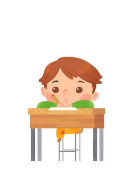 Ni&ntilde;o escribiendo o dibujando sentado en pupitre en clase. En la escuela estudiando, haciendo deberes o un examen.