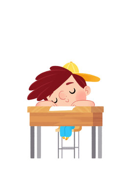 Ni&ntilde;o dormido sentado en pupitre en clase. En la escuela estudiando, haciendo deberes o un examen.