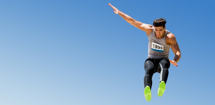 Composite image of sportsman jumping on a white background