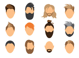 A set of mens hairstyles, beards and mustaches.Gentlmen haircuts and shaves. Digital hand drawn vector illustration.
