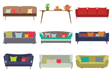 Sofas Set. Furniture for Your Interior Design. Flat Vector Illustration. Top, Front and Side View.