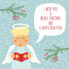 Cute hand drawn Christmas angel character with speech bubble and hand written text