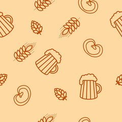 Seamless pattern of beers, ears, hop, pretzels. For packaging beer, bread and flour products in your cafe, bar, pub, tavern, brewery, restaurant. Natural organic packaging.