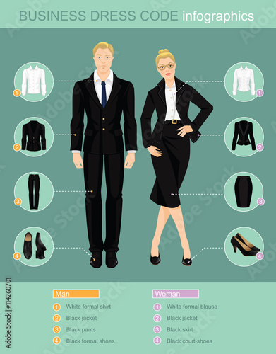 Business dress code infographics. Man and woman in official Business dress code infographics. Man and woman in official