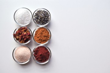 Luxurious SPA bath salts ingredients in glass bowls