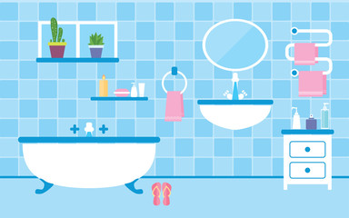 Fototapeta na wymiar Bathroom interior with furniture in blue colors