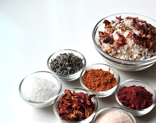 Luxurious SPA bath salts and ingredients in glass bowls