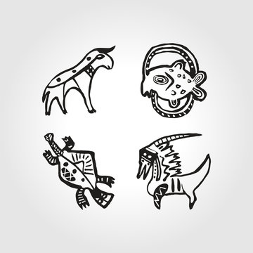 set African folk style symbol monochrome cattle and waterf