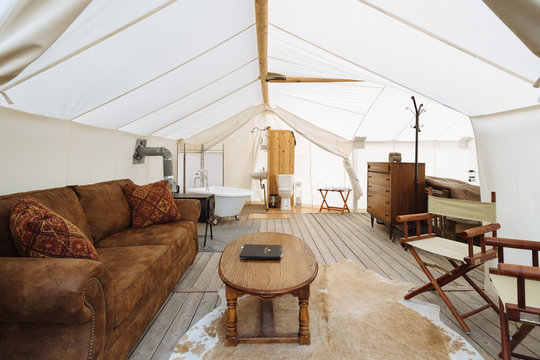Lounge in canvas safari tent