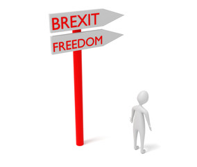 Brexit and freedom: guidepost with 3d man, 3d illustration