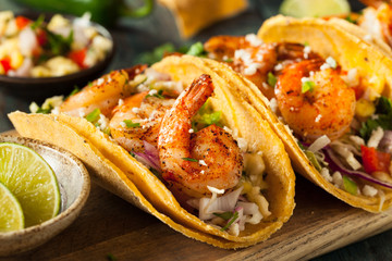 Homemade Spicy Shrimp Tacos - obrazy, fototapety, plakaty